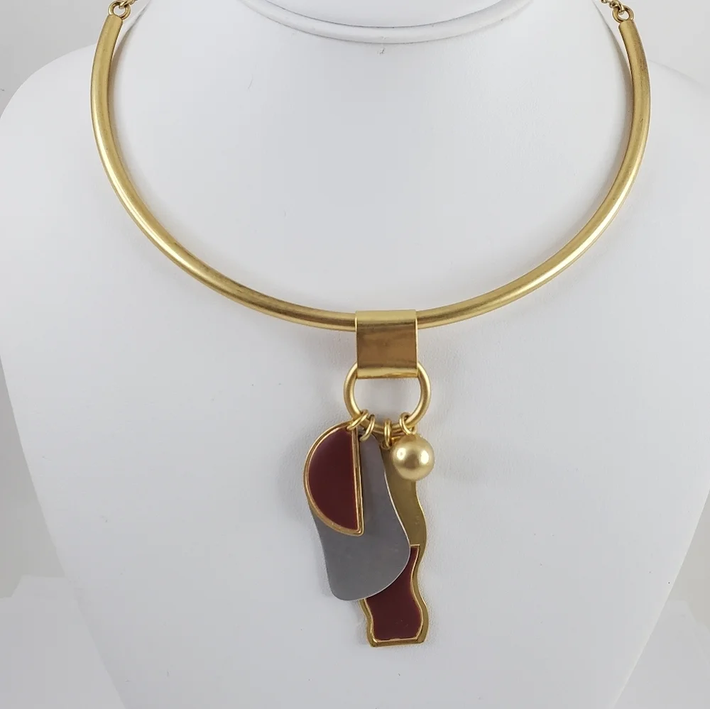 Madewell curved bar necklace - art deco pendants gold + silver tone + red brown - Picture 5 of 9